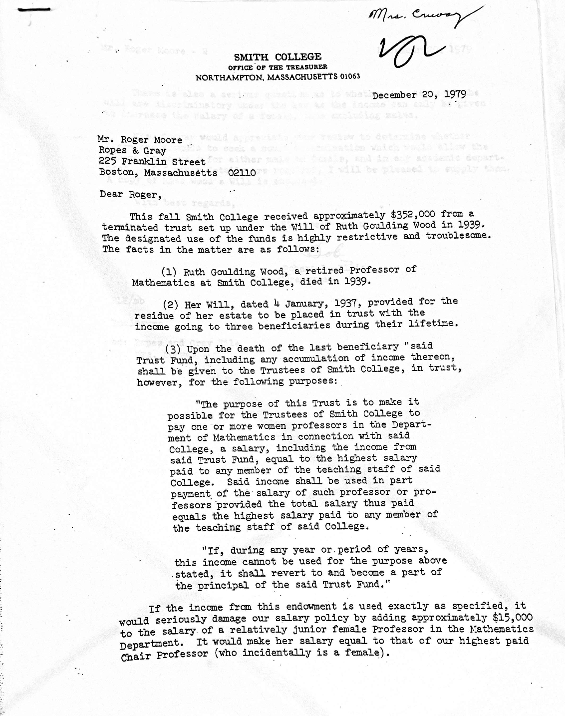 Letter talking about Ruth Wood's will. 